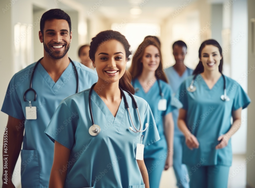 a group of nurses and medical employees walking down the hallway,