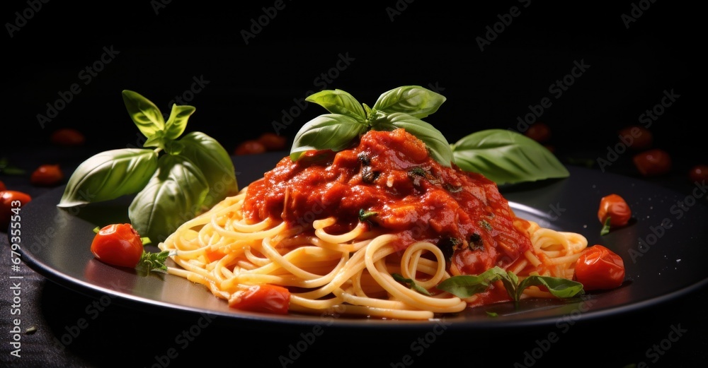 spaghetti with sauce and basil on black plate