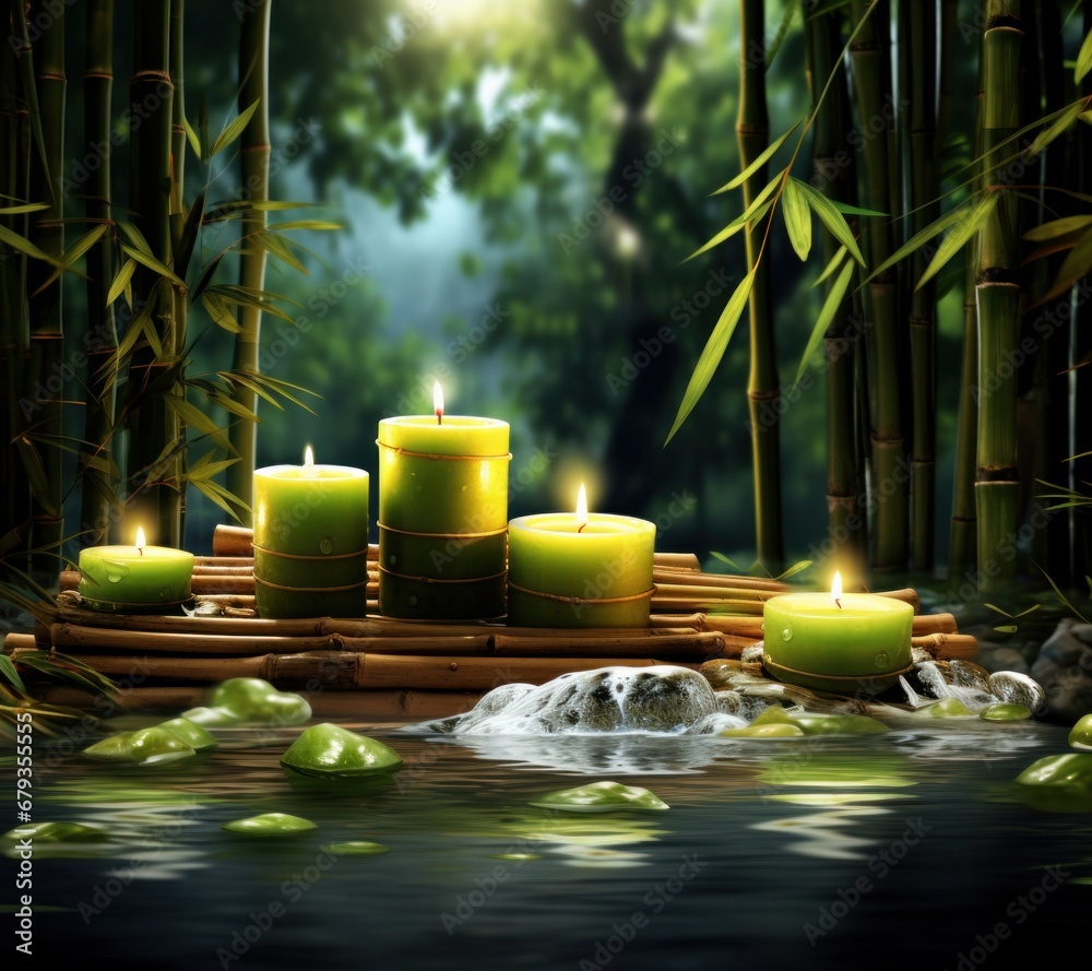 a beautiful background of beautiful spa setting with water falling from bamboo and candles