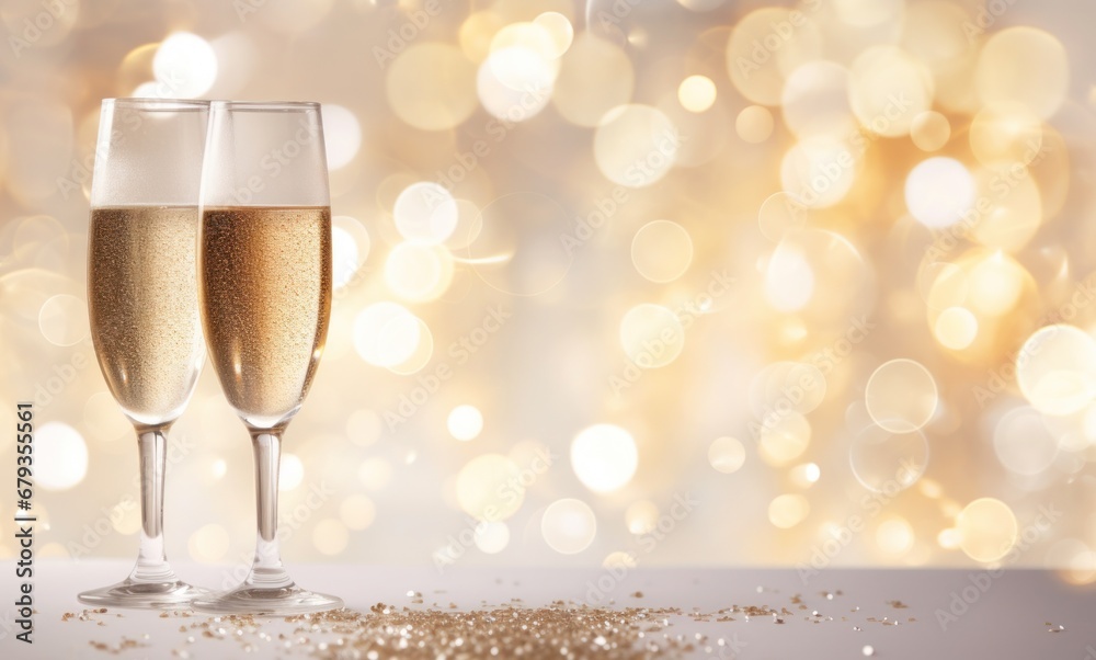 champagne and glasses in golden sparkling background with a bubbles