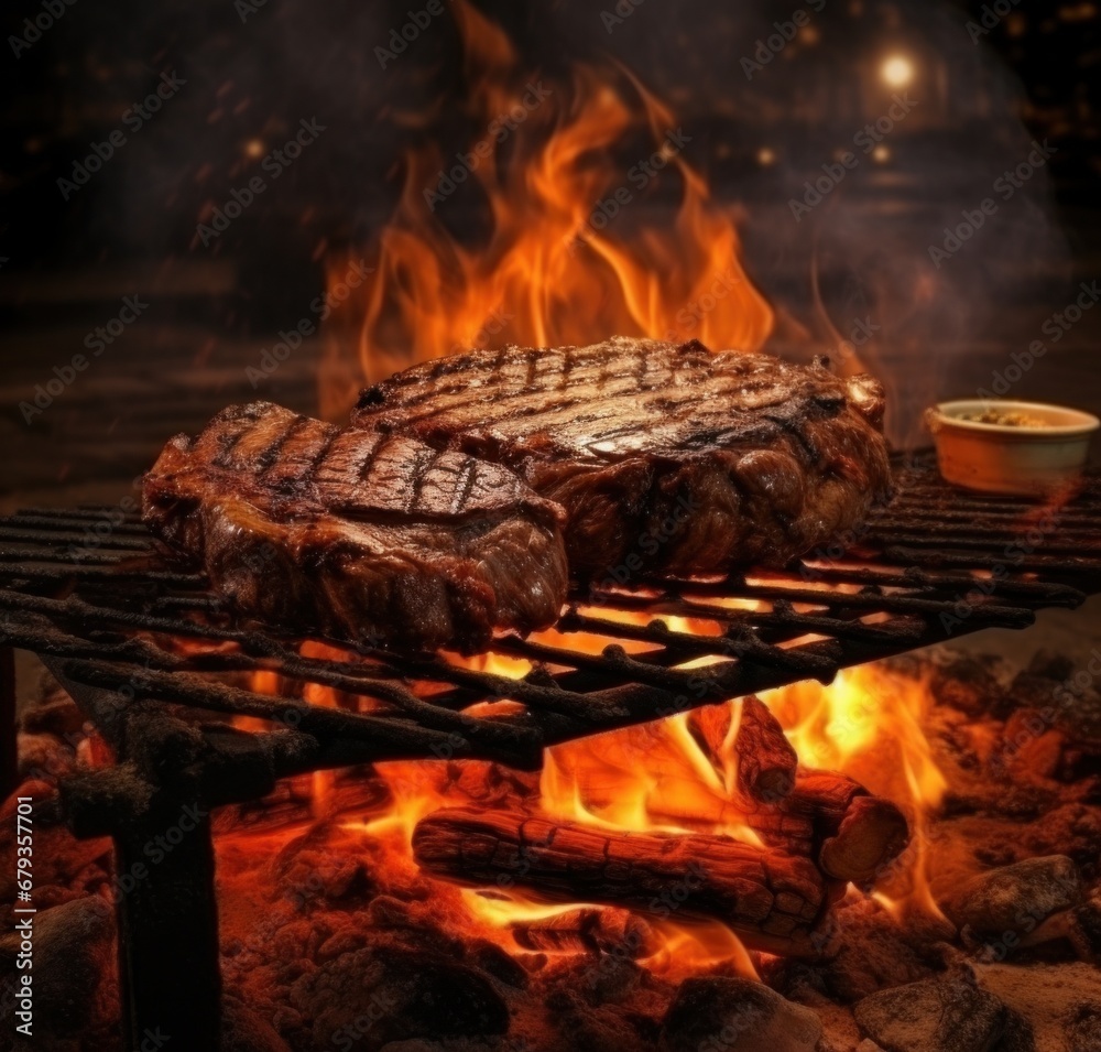 grilling steak on an open fire