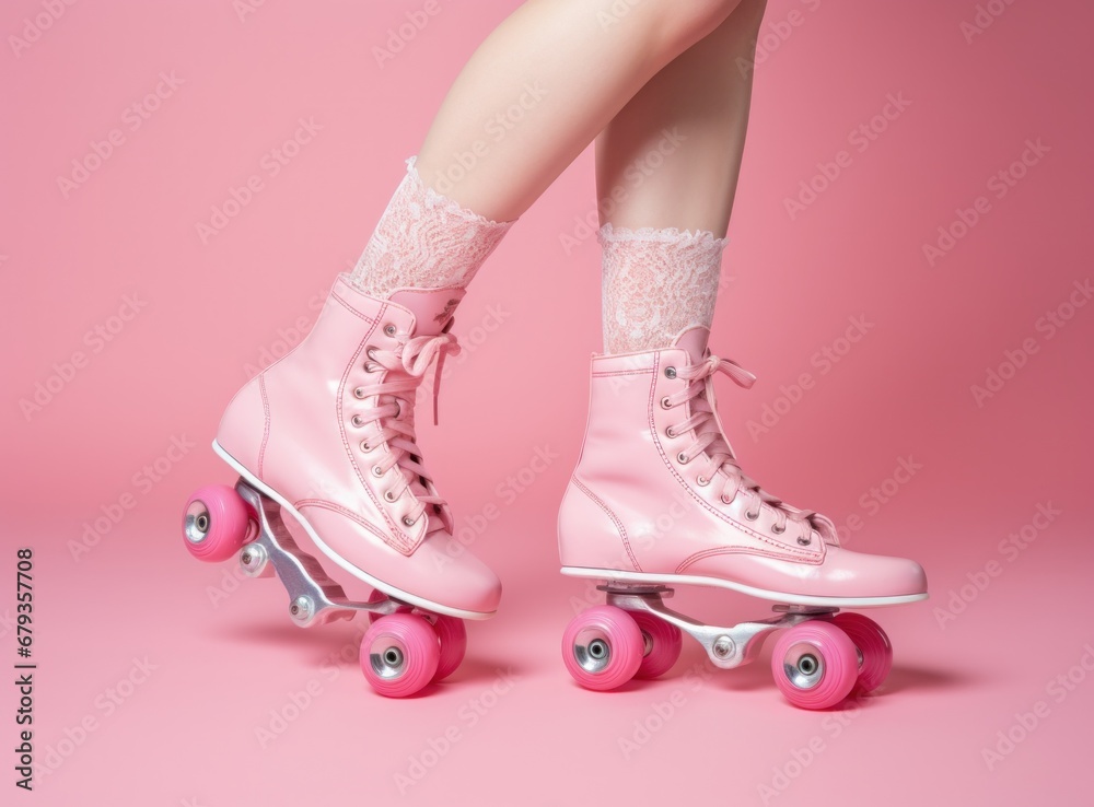 roller skaters skating on pink background