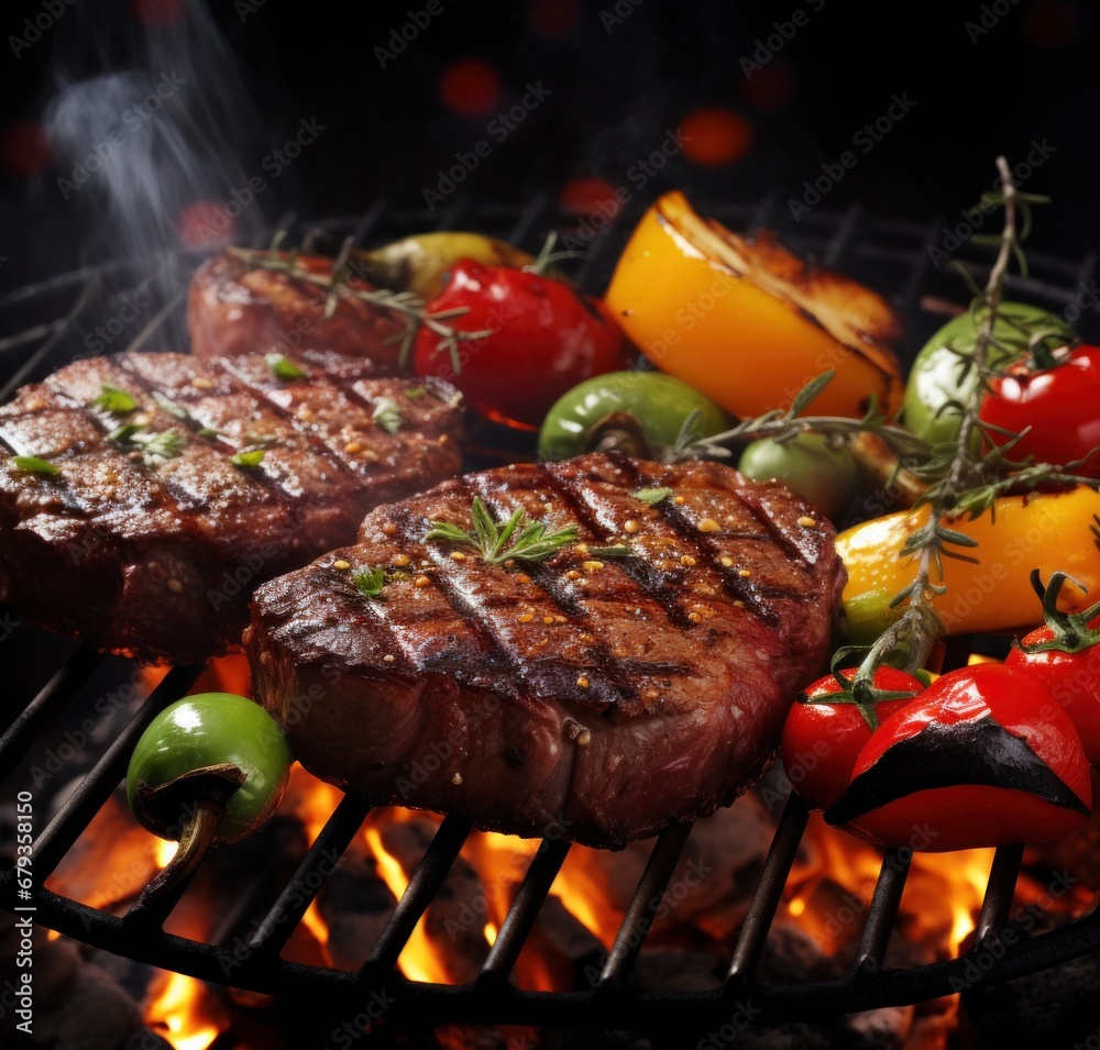 steaks on the grill grill with vegetables