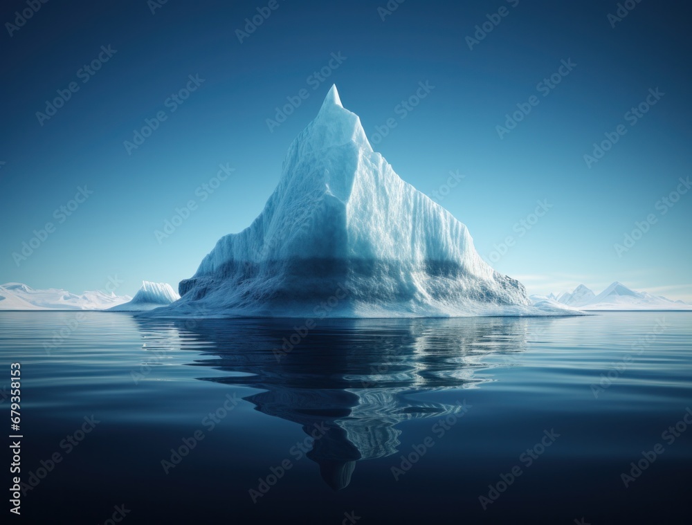 an iceberg in the ocean with blue skies