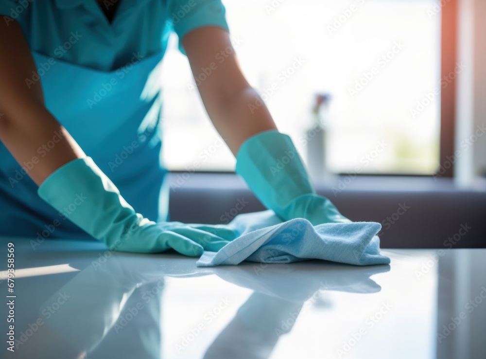 ousekeeping woman with gloves clean table