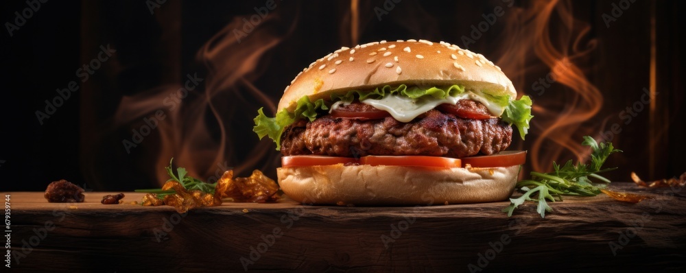 burger of meatball on a wooden background,