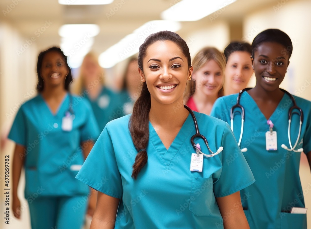 nurses walk along hallway