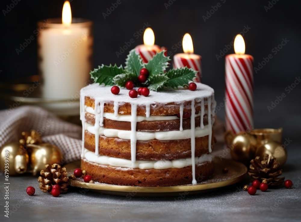 christmas cake with cookies and icing decor on grey background with candles