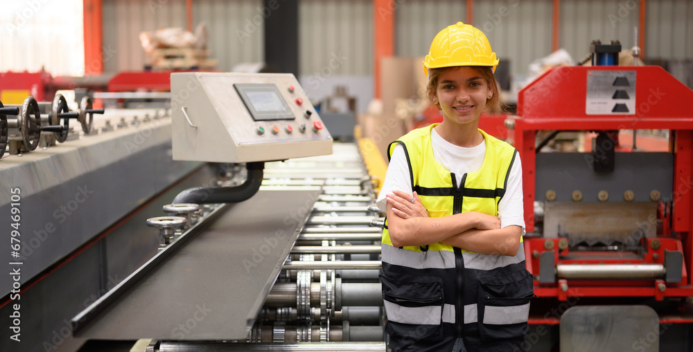 Employees and managers inspect work in a metal roofing factory that is responsible for using electric tools and engines to produce metal sheet products.