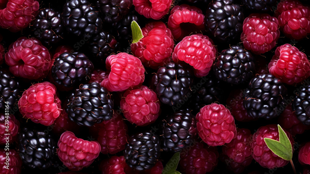 Organic raspberries and blackberries overhead view