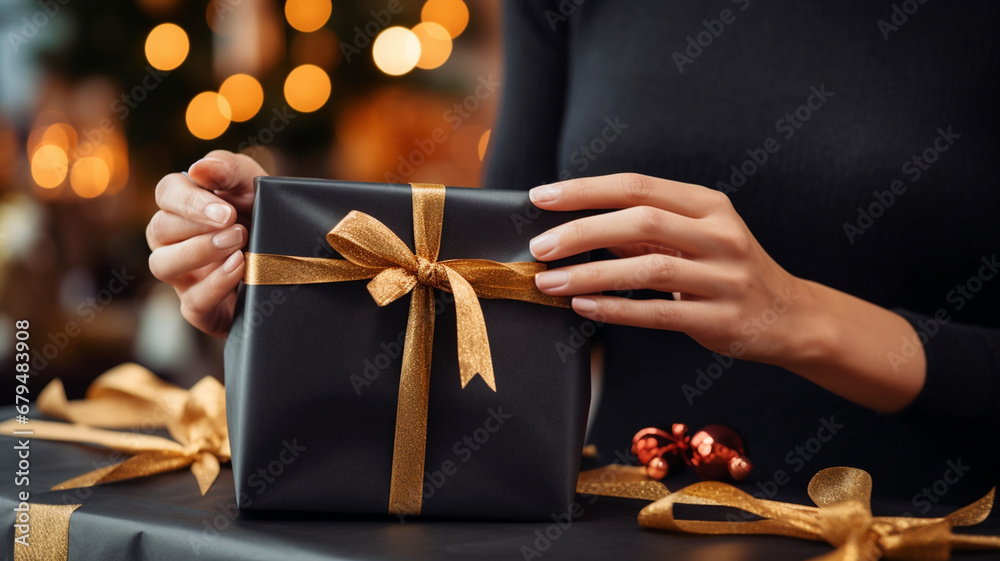 A gift shop owner wrapping a Christmas present