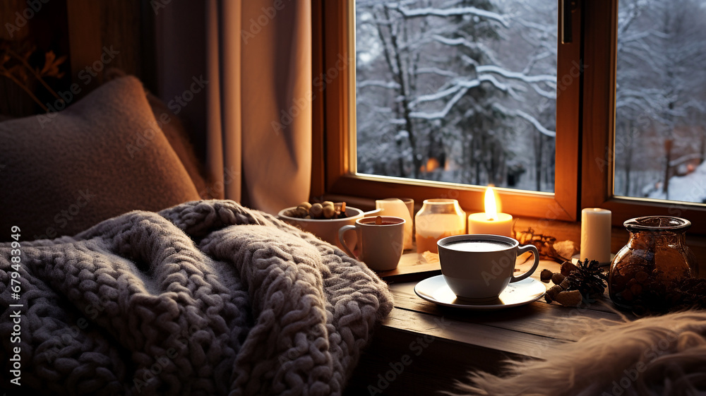 A warm room with a cup of coffee and a snug blanket on a winter day