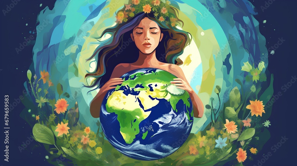 An artistic representation of Mother Earth as a serene woman with flowing hair cradling a delicate globe, enveloped by an array of vibrant greenery, symbolizing natures nurturing embrace.