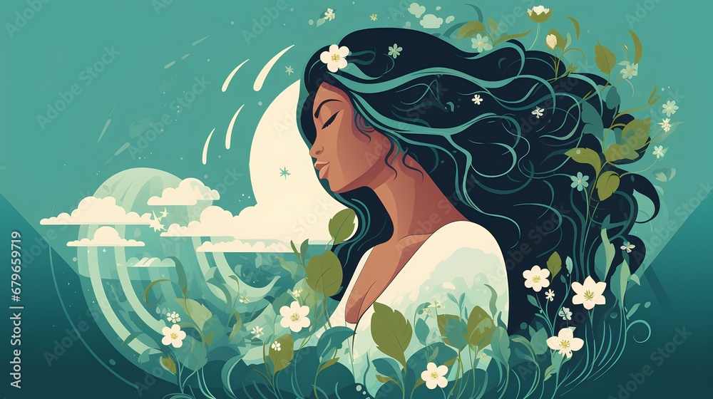 Illustration of the Mother Earth, a woman with flowing long hair gracefully intertwined with stylized elements of nature, symbolizing the harmonious relationship between humans and the environment.