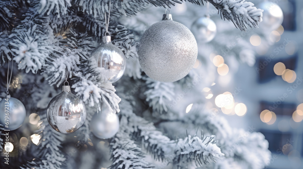 Decorated Christmas tree on silver blurred background., christmas tree decorations. Close up of balls on christmas tree. Bokeh garlands in the background. New Year concept.