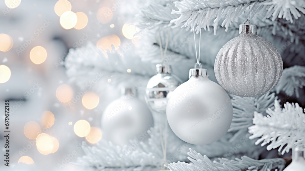 Decorated Christmas tree on silver blurred background., christmas tree decorations. Close up of balls on christmas tree. Bokeh garlands in the background. New Year concept.