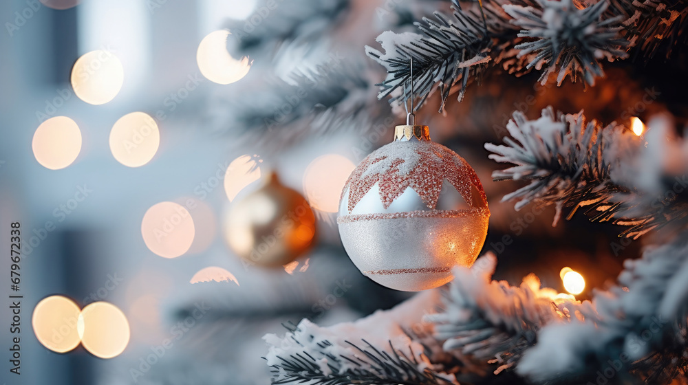 Decorated Christmas tree on red blurred background., christmas tree decorations. Close up of balls on christmas tree. Bokeh garlands in the background. New Year concept.