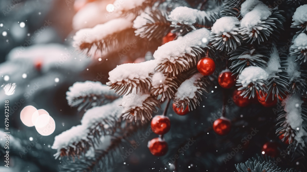 Decorated Christmas tree on red blurred background., christmas tree decorations. Close up of balls on christmas tree. Bokeh garlands in the background. New Year concept.