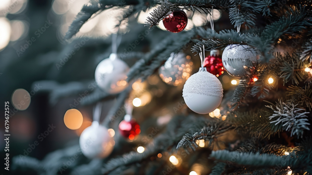 Decorated Christmas tree on red blurred background., christmas tree decorations. Close up of balls on christmas tree. Bokeh garlands in the background. New Year concept.