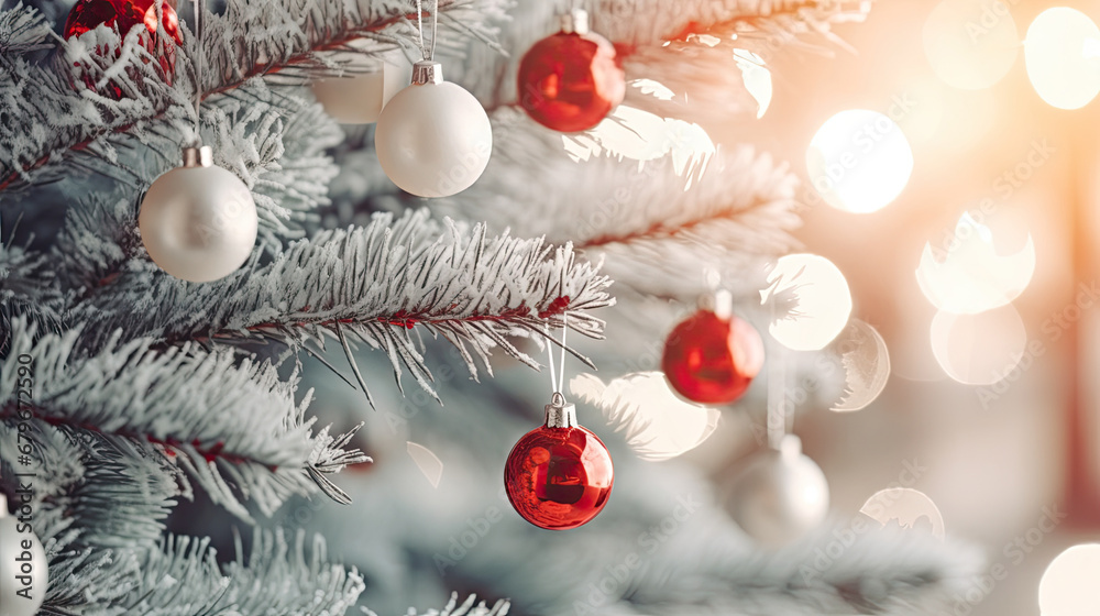 Decorated Christmas tree on red blurred background., christmas tree decorations. Close up of balls on christmas tree. Bokeh garlands in the background. New Year concept.