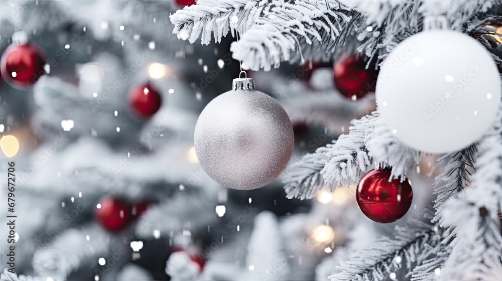 Decorated Christmas tree on red blurred background., christmas tree decorations. Close up of balls on christmas tree. Bokeh garlands in the background. New Year concept.