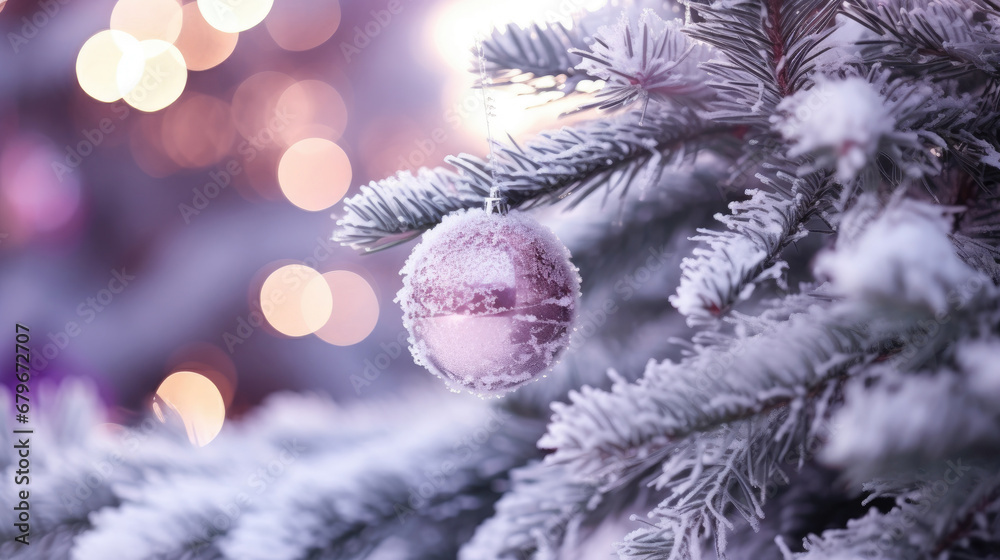 Decorated Christmas tree on purple blurred background., christmas tree decorations