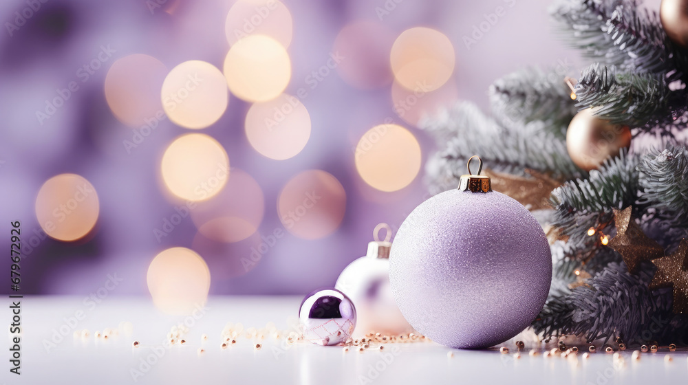 Decorated Christmas tree on purple blurred background., christmas tree decorations