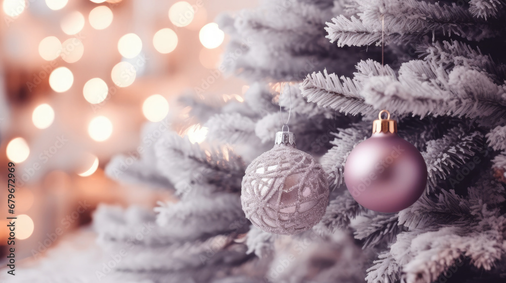 Decorated Christmas tree on purple blurred background., christmas tree decorations