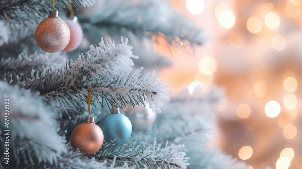 Decorated Christmas tree on orange blurred background., christmas tree decorations. Close up of balls on christmas tree. Bokeh garlands in the background. New Year concept.