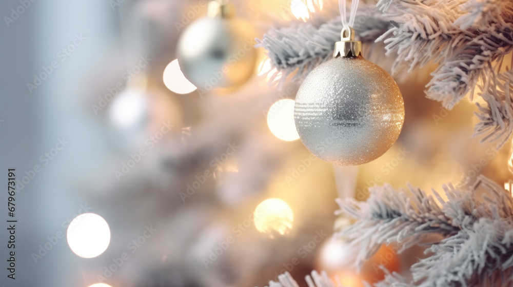 Decorated Christmas tree on orange blurred background., christmas tree decorations. Close up of balls on christmas tree. Bokeh garlands in the background. New Year concept.