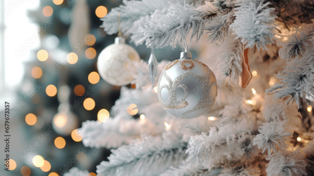 Decorated Christmas tree on pastel blurred background., christmas tree decorations. Close up of balls on christmas tree. Bokeh garlands in the background. New Year concept.