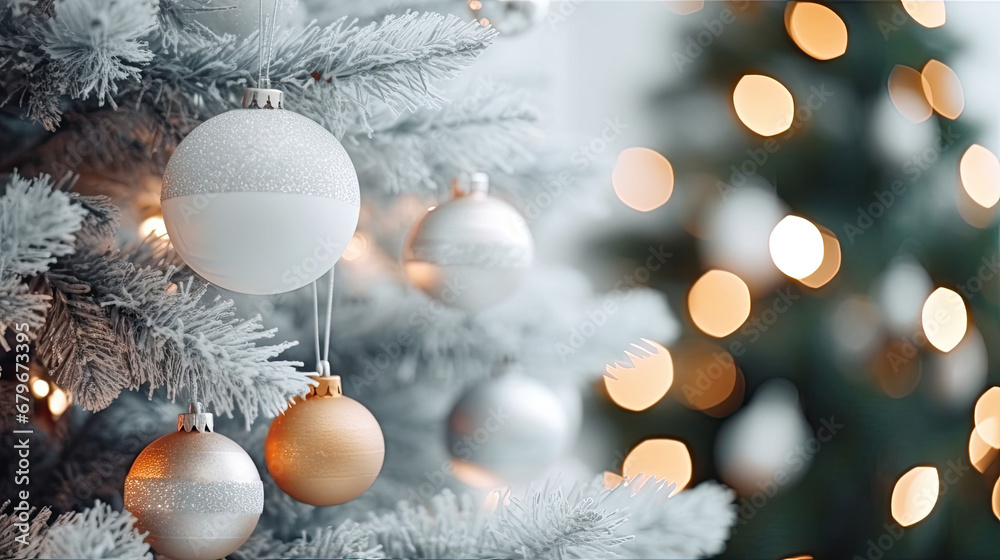 Decorated Christmas tree on pastel blurred background., christmas tree decorations. Close up of balls on christmas tree. Bokeh garlands in the background. New Year concept.