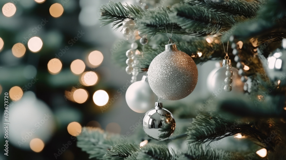 Decorated Christmas tree on orange blurred background., christmas tree decorations. Close up of balls on christmas tree. Bokeh garlands in the background. New Year concept.