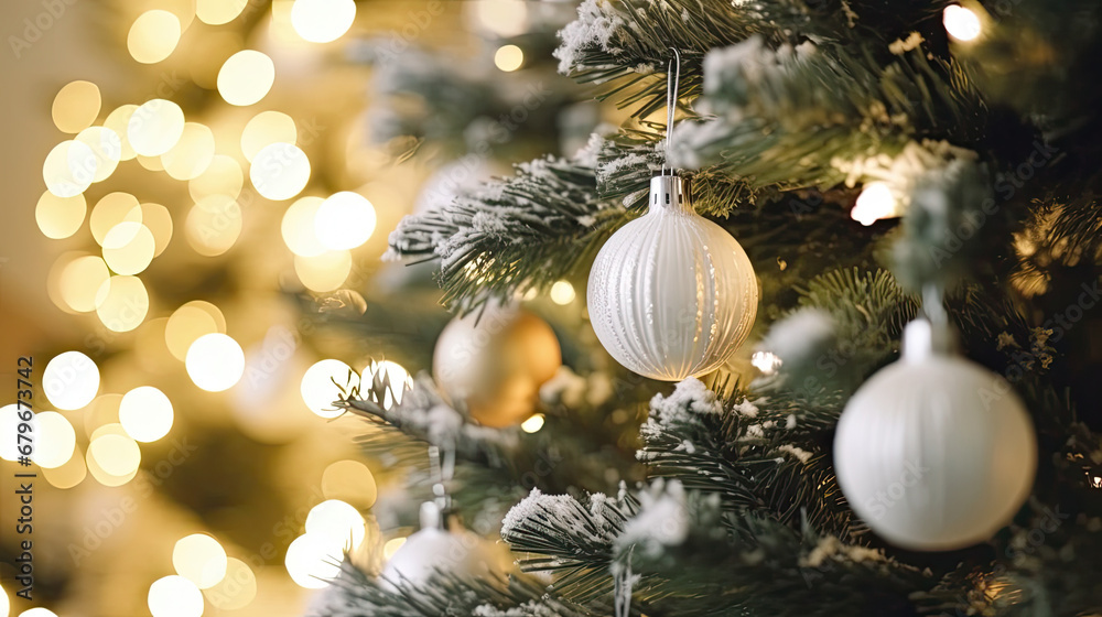 Decorated Christmas tree on orange blurred background., christmas tree decorations. Close up of balls on christmas tree. Bokeh garlands in the background. New Year concept.