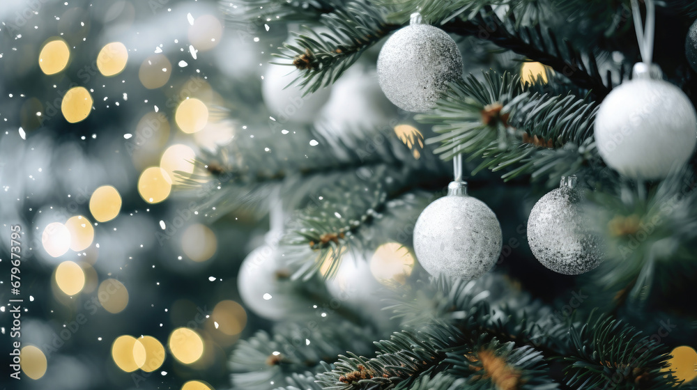 Decorated Christmas tree on green blurred background., christmas tree decorations. Close up of balls on christmas tree. Bokeh garlands in the background. New Year concept.