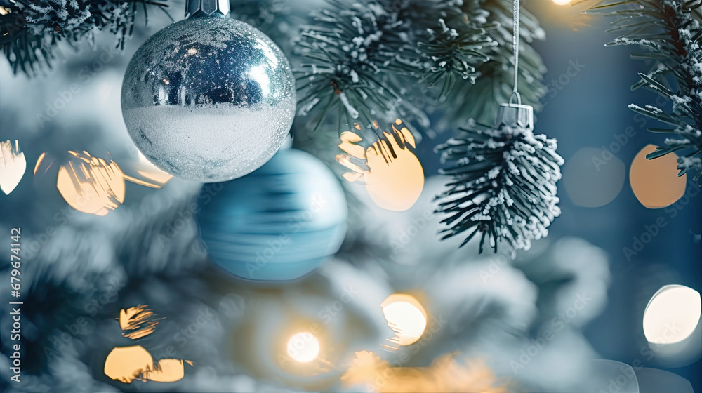 Decorated Christmas tree on blue blurred background., christmas tree decorations. Close up of balls on christmas tree. Bokeh garlands in the background. New Year concept.