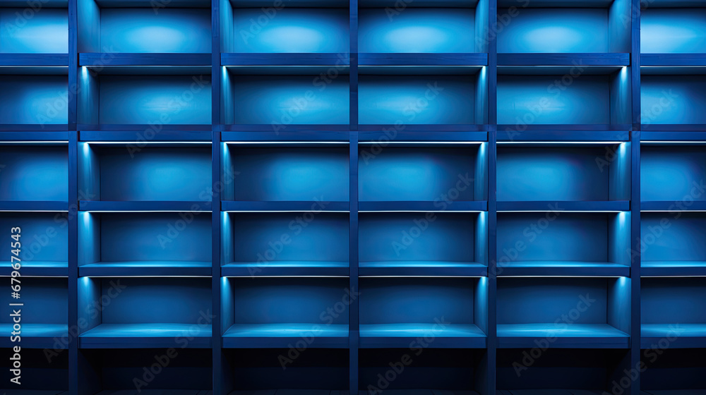 empty  library blue background. bookshelves in the closet in even rows.empty file cabinet