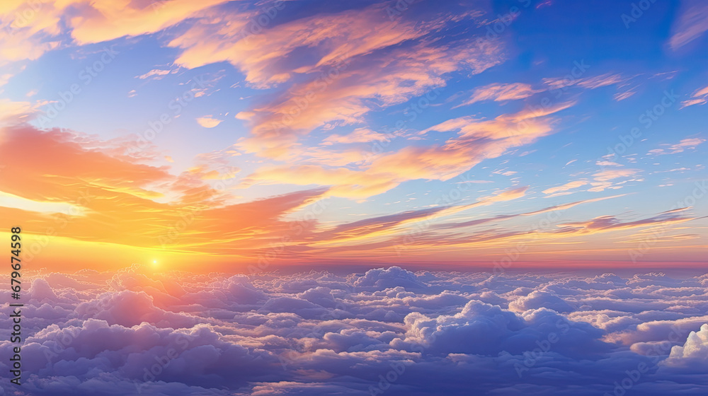 Epic sunset over the clouds. Flight in the sky at sunset, view from window of airplane. Warm sun sets over the horizon in clouds	 