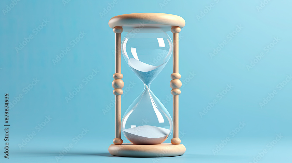 hourglass with sand, An hourglass isolated on light blue background.