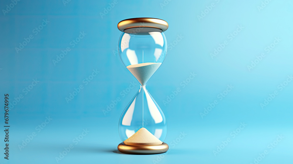 hourglass with sand, An hourglass isolated on light blue background.