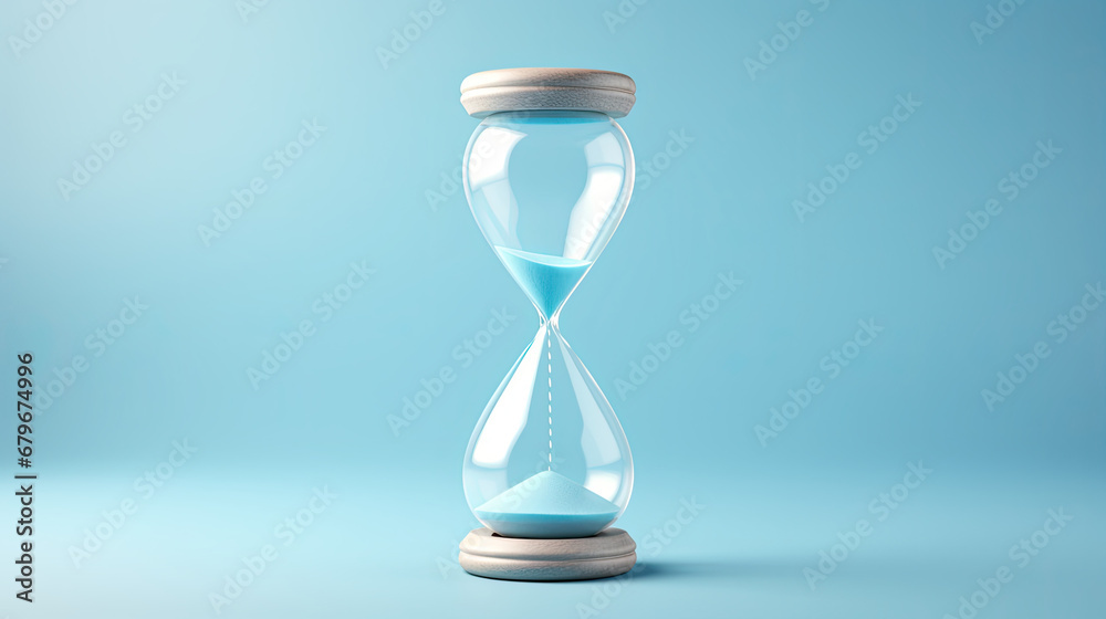 hourglass with sand, An hourglass isolated on light blue background.