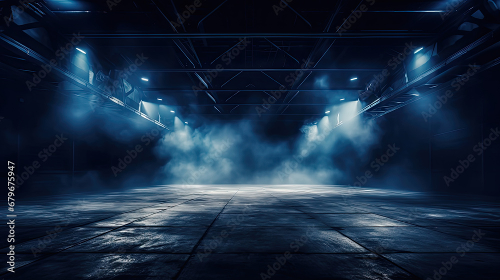 Wet asphalt, reflection of neon lights, a searchlight, smoke. Abstract light in a dark empty street with smoke, smog. Dark background scene of empty street, night view, night city.