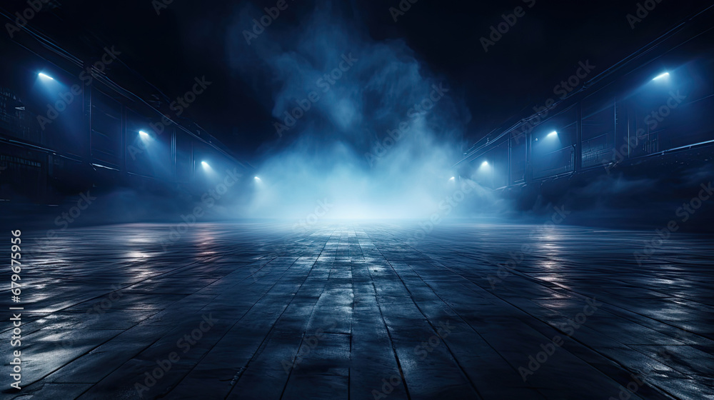 Wet asphalt, reflection of neon lights, a searchlight, smoke. Abstract light in a dark empty street with smoke, smog. Dark background scene of empty street, night view, night city.