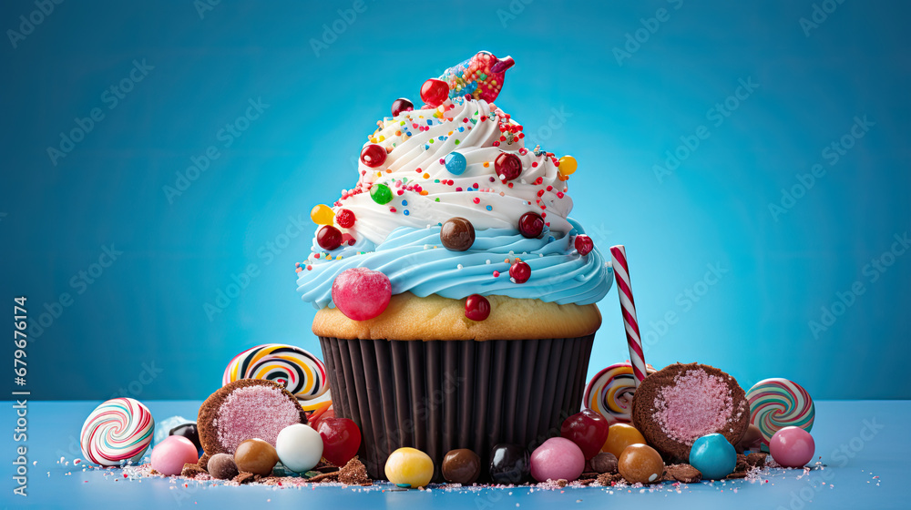 birthday cupcake with candles,A cupcake surrounded by candy and candies on a blue background