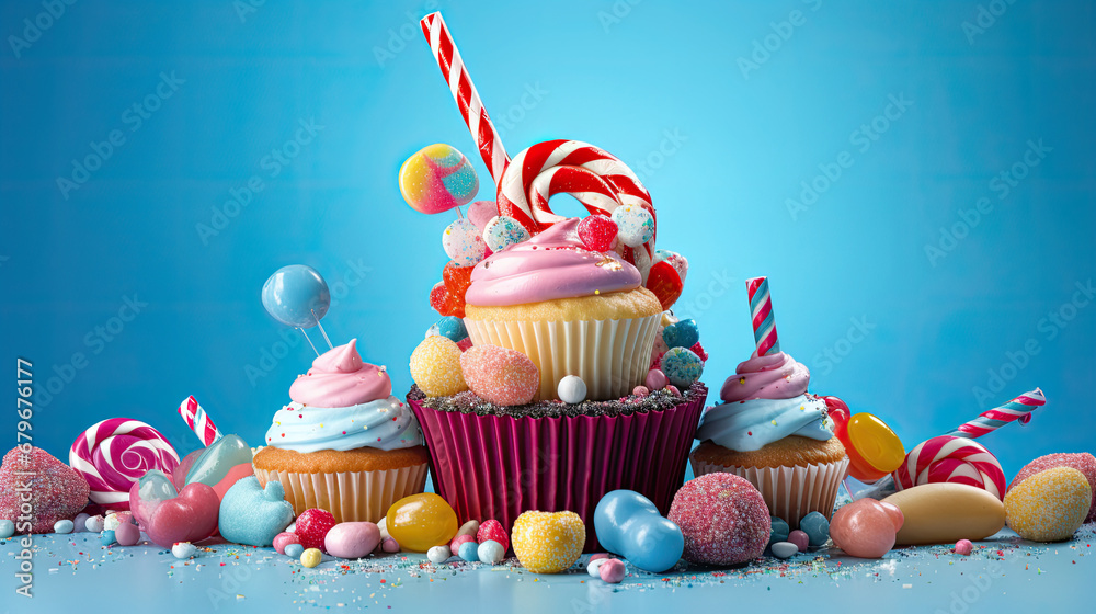 birthday cupcake with candles,A cupcake surrounded by candy and candies on a blue background