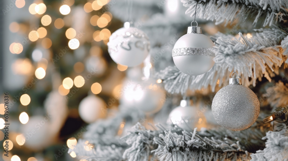 Decorated Christmas tree on silver blurred background., christmas tree decorations. Close up of balls on christmas tree. Bokeh garlands in the background. New Year concept.