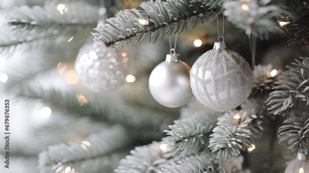 Decorated Christmas tree on silver blurred background., christmas tree decorations. Close up of balls on christmas tree. Bokeh garlands in the background. New Year concept.