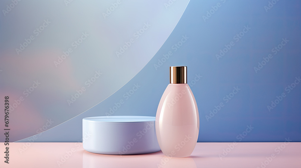 pink and blue cosmetics packaging container for skincare, fragrance or toiletry industries on pastel background. Beauty product mock-up.