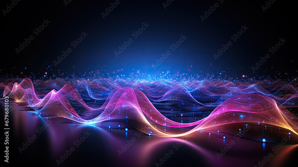 abstract futuristic background with pink blue glowing neon moving high speed wave lines and bokeh lights. Data transfer concept Fantastic wallpaper,  pink blue frequency signal waves as particles