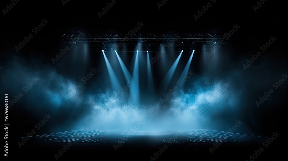 Illuminated stage with scenic lights and smoke. Blue vector spotlight with smoke volume light effect on black background. Stadium cloudiness projector, background for design. Stage light at a concert 